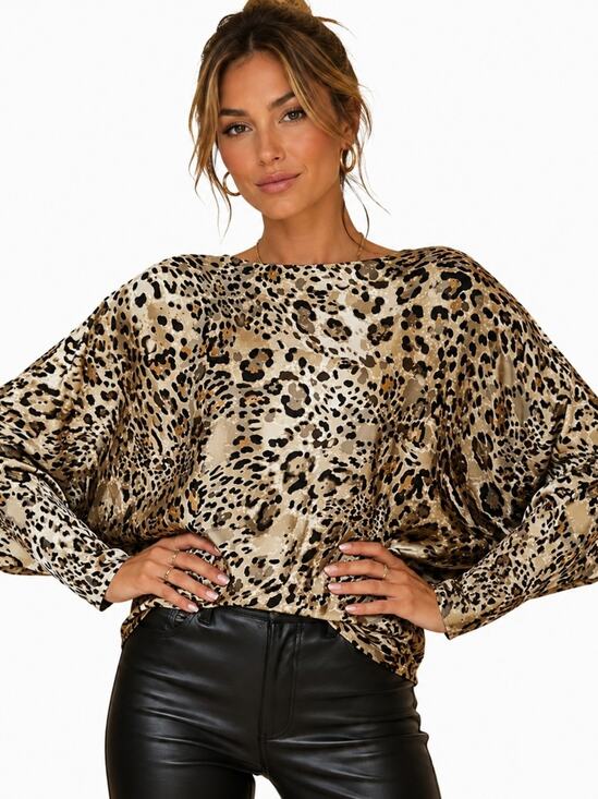 white birch Tops - Leopard Print Long Sleeve Top Bat Wing Beige Size Small